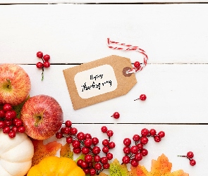 Dynie, Thanksgiving, Bilecik, Deski, Święto Dziękczynienia, Czerwone, Jabłka, Liście, Jagody