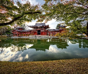 Świątynia Byodo-in, Buddyjska, Japonia, Staw, Drzewa, Miasto Uji, Pawilon Feniksa