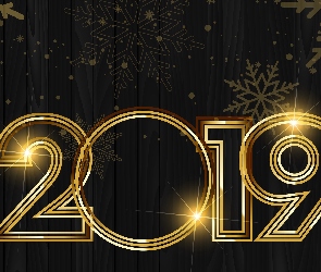 Nowy Rok, 2019, Deski, Cyfry, Śnieżynki, Złote