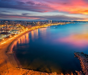 Plaża, Barcelona, Hiszpania, Zachód słońca, Miasto, Morze Środziemne, Światła, Wybrzeże