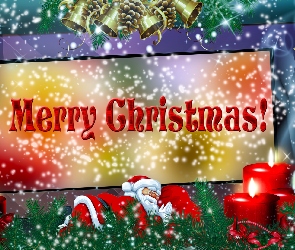 Boże Narodzenie, Grafika, Merry Christmas, Świece, Bombki, Życzenia, Mikołaj