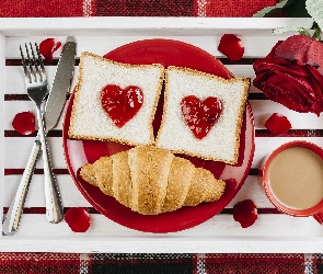 Śniadanie, Croissant, Róża, Kawa, Rogalik, Serce, Taca, Sztućce, Walentynki, Kanapki