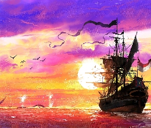 Okręt, Statek, Painting, Ptaki, Zachód słońca, Morze