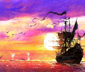 Painting, Zachód słońca, Statek, Okręt, Morze, Ptaki
