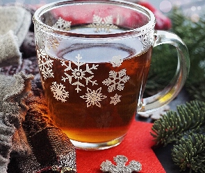 Szklany, Herbata, Świąteczne, Śnieżynki, Gałązki, Szalik, Kubek