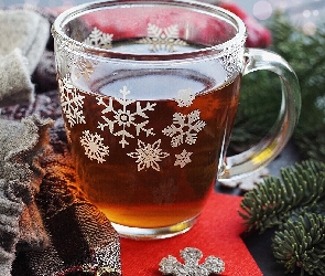 Szalik, Gałązki, Szklany, Świąteczne, Śnieżynki, Herbata, Kubek