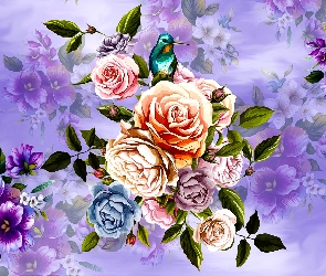Grafika, Ptak, Kwiaty, Róże