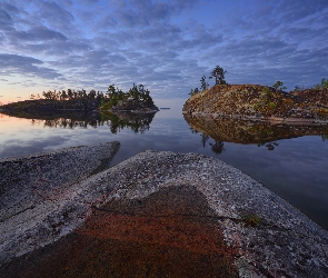 Jezioro Ładoga, Wysepki, Świt, Karelia, Rosja, Drzewa