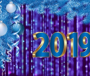 Nowy Rok, 2019, Grafika, Świerk, Serpentyna, Bombki