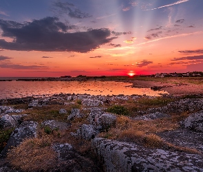 Wybrzeże, Zachód słońca, Morze, Skały, Kamienie, Domy, Zatoka