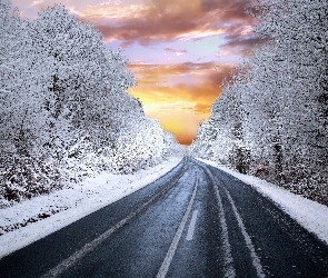Zima, Droga, Zachód słońca, Drzewa, Szron, Śnieg
