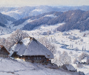 Zima, Domy, Góry, Karl Hauptmann, Malarstwo, Pejzaż, Obraz, Drzewa