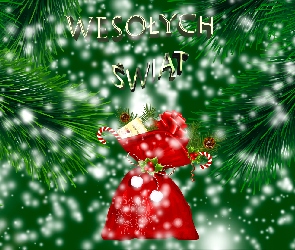 Wesołych Świąt, Napis, Prezenty, Worek, Gałązki, Śnieg