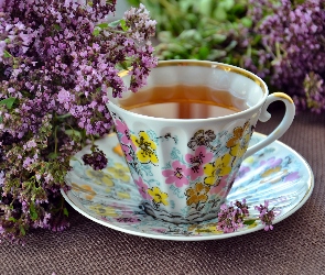 Herbata, Kwiatki, Filiżanka, Fioletowe, Porcelanowa