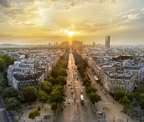 Francja, Zachód słońca, Ulice, Budynki, Paryż