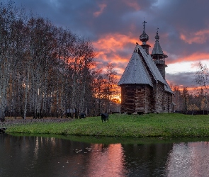 Cerkiew, Drewniana, Rosja, Drzewa, Brzozy, Kostroma, Rzeka