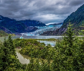 Stan Alaska, Chmury, Jezioro Eklutna Lake, Stany Zjednoczone, Drzewa, Góry, Lodowiec