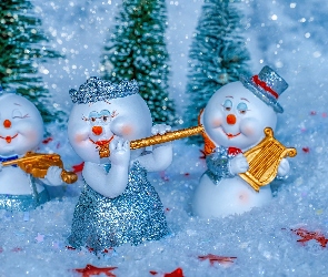 Instrumenty, Trzy, Figurki, Świąteczne, Śnieg, Choinki, Gwiazdki, Bałwanki