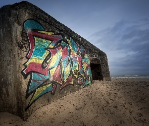 Plaża, Betonowy, Morze, Ściana, Graffiti, Blok