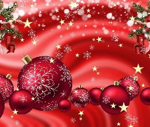Czerwone, Stroiki, Boże Narodzenie, Gwiazdki, Święta, Bombki, Grafika, Śnieg