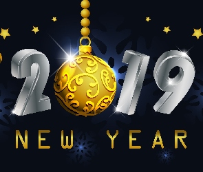 Nowy Rok 2019, Gwiazdki, New Year, Bombka, Napis