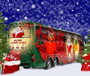 Świąteczny, Autobus, Grafika, Choinka, Prezenty, Drzewa