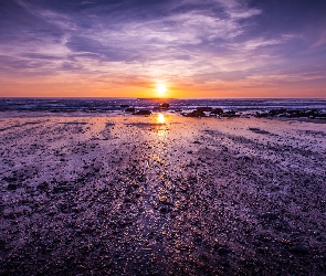 Plaża, Kamienie, Zachód słońca, Morze