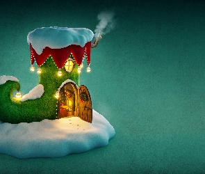 Domek, Zielone tło, Grafika, But, Świąteczny