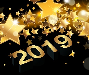2019, Grafika, Gwiazdy, Złote, Nowy Rok