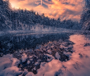 Jezioro, Drzewa, Zima, Norwegia, Chmury, Zachód słońca, Gmina Ringerike, Las