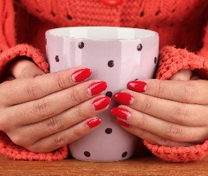Sweter, Czerwone, Dłonie, Kubek, Paznokcie, Kobieta, Manicure