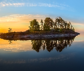 Rosja, Karelia, Wysepka, Jezioro Ładoda, Drzewa, Wschód słońca