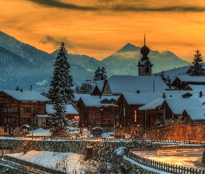 Zima, Blitzingen, Góry Alpy, Szwajcaria, Zachód słońca, Kościół, Miasteczko, Droga, Domy