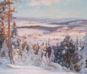 Malarstwo, Domy, Drzewa, Carl August Brandt, Dolina, Zima, Góry
