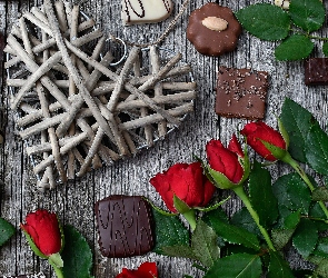 Róże, Walentynki, Serce, Czekoladki