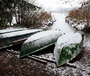 Jezioro, Brzeg, Łódki, Zima