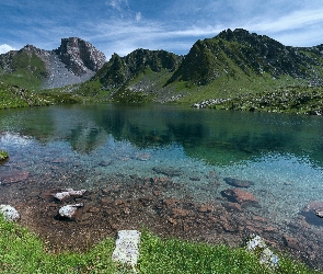 Góry, Trawa, Kamienie, Jezioro