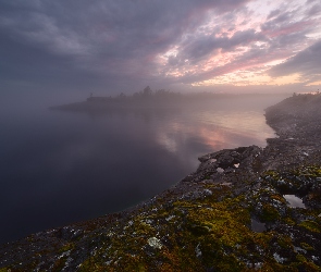 Brzeg, Jezioro Ładoga, Rosja, Chmury, Mgła, Republika Karelii, Skały