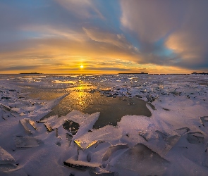 Zima, Jezioro Ładoga, Rosja, Wschód słońca, Chmury, Karelia, Lód