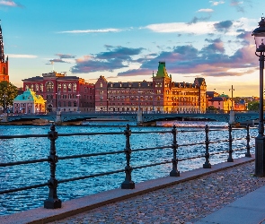 Sztokholm, Panorama miasta, Most, Szwecja, Budynki, Rzeka, Latarnia