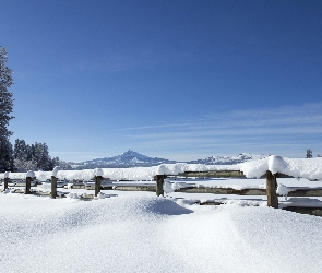 Stany Zjednoczone, Black Butte Ranch, Drzewa, Stan Oregon, Ogrodzenie, Śnieg, Płot, Góry Białe, Zima, Góra Waszyngtona