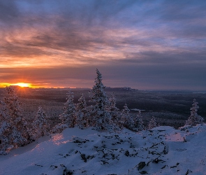 Zachód słońca, Drzewa, Zima, Góry