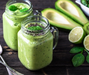 Deski, Owoce, Zielone, Łyżeczki, Słoiki, Smoothie, Awokado, Kiwi, Napój, Limonki
