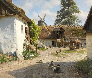 Kury, Wóz, Wieś, Stodoła, Konie, Peder Monsted, Gospodarstwo, Malarstwo, Kaczki, Podwórko, Domy