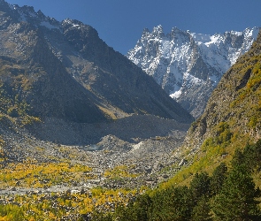 Góry, Dolina, Ośnieżone, Szczyty, Drzewa