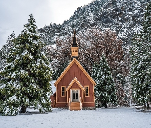 Kościółek, Drzewa, Zima, Stany Zjednoczone, Park Narodowy Yosemite, Las, Stan Kalifornia, Kaplica