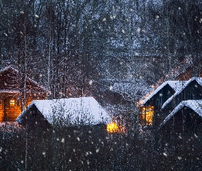 Noc, Las, Śnieg, Domy, Oświetlenie, Padający, Zima