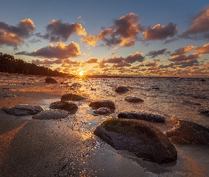 Wschód słońca, Plaża, Morze, Kamienie