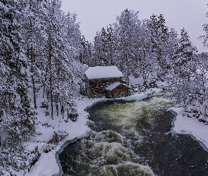 Młyn Myllykoski, Park Narodowy Oulanka, Zima, Drzewa, Laponia, Rzeka, Finlandia, Gmina Kuusamo