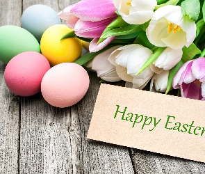 Kolorowe, Wielkanoc, Happy Easter, Tulipany, Kartka, Napis, Pisanki